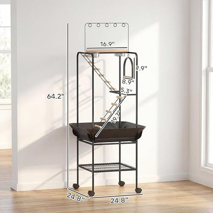 PawHut 64" H Rolling Bird Stand Parrot Playstand with Seed Guard & Wheels, Steel Bird Playground Gym with Ladders, Swing, Toy Hook & Bowls, Large Parrot Perch for Cockatiels, Conures, Parakeets