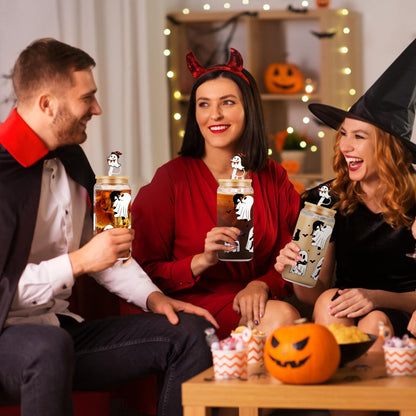 Halloween Glass Cups– 18oz Halloween Cups with Lid & Straw & Straw Covers, Ghost Tumbler Boo Basket Ghost Mug Iced Coffee Cup Decor Indoor