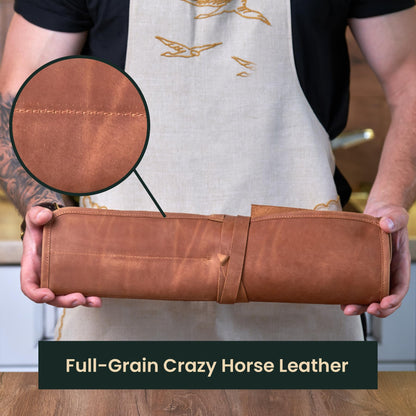 OMBUO Professional's Leather Knife Roll Bag, Leather Knife Roll For Chef, Caramel Brown