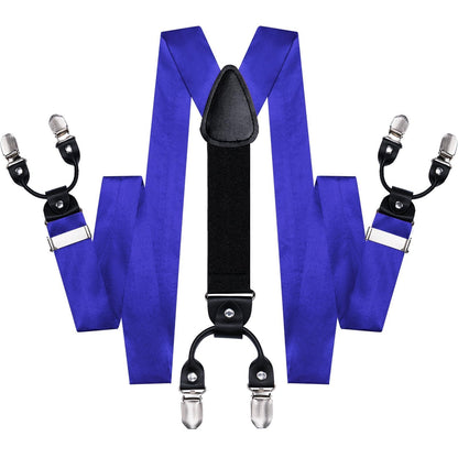Hi-Tie Royal Blue Satin Suspender Bowtie Set for Men Suspenders Pre-tied Bow Tie Pocket Square Cufflinks Adjustable Y Shape 6 Clips Braces Tuxedo