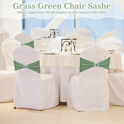 VitalCozy 50 Pcs Stretch Chair Sashes with Crown Chair Sashes with Buckle Slider Wedding Elastic Cover for Party Bridal Baby Shower Ceremony Reception Banquet(Sage Green)