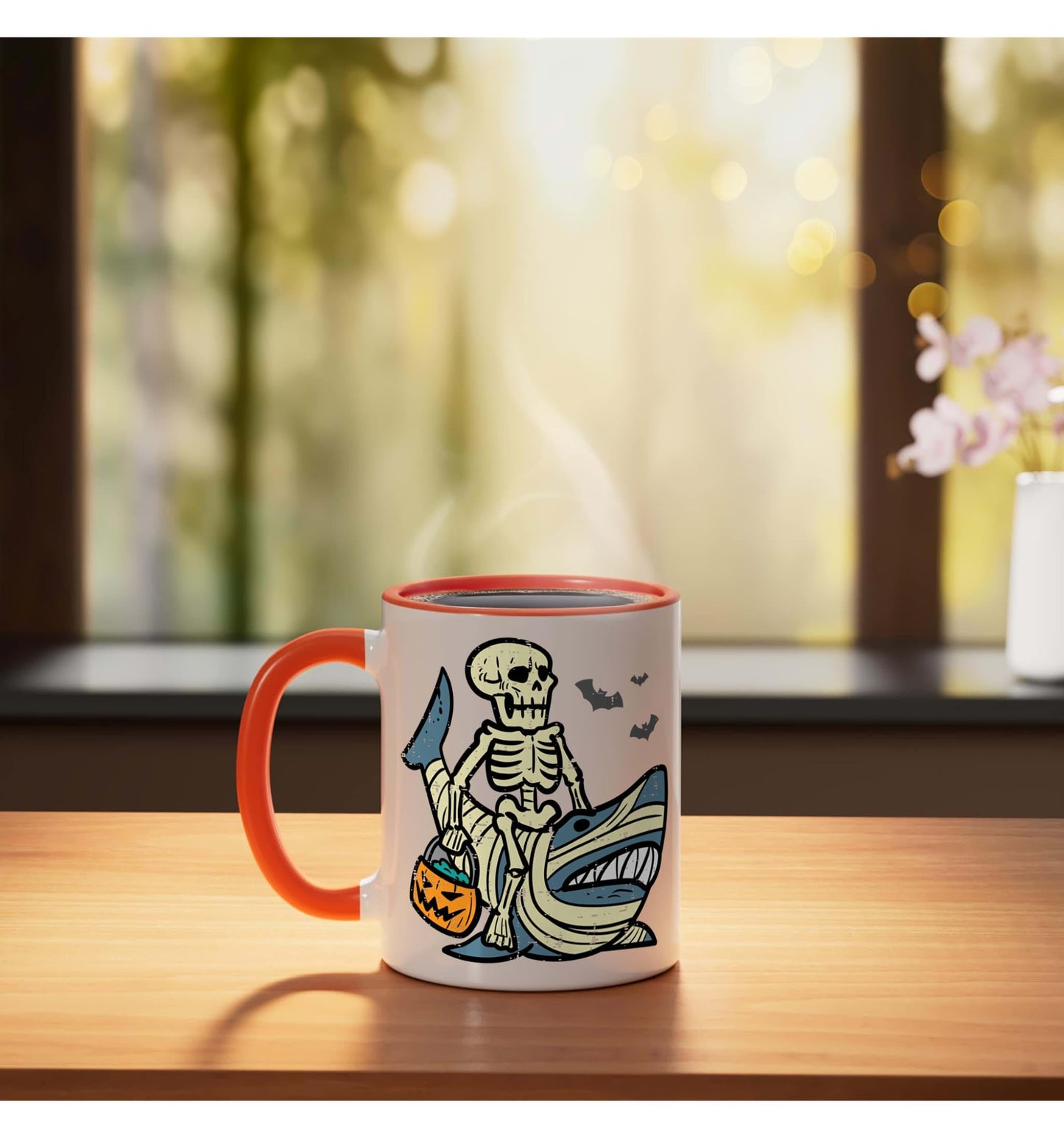 Halloween Skeleton Shark Mummy Costume Boys Kids Men Women Ceramic Mug, Orange/White