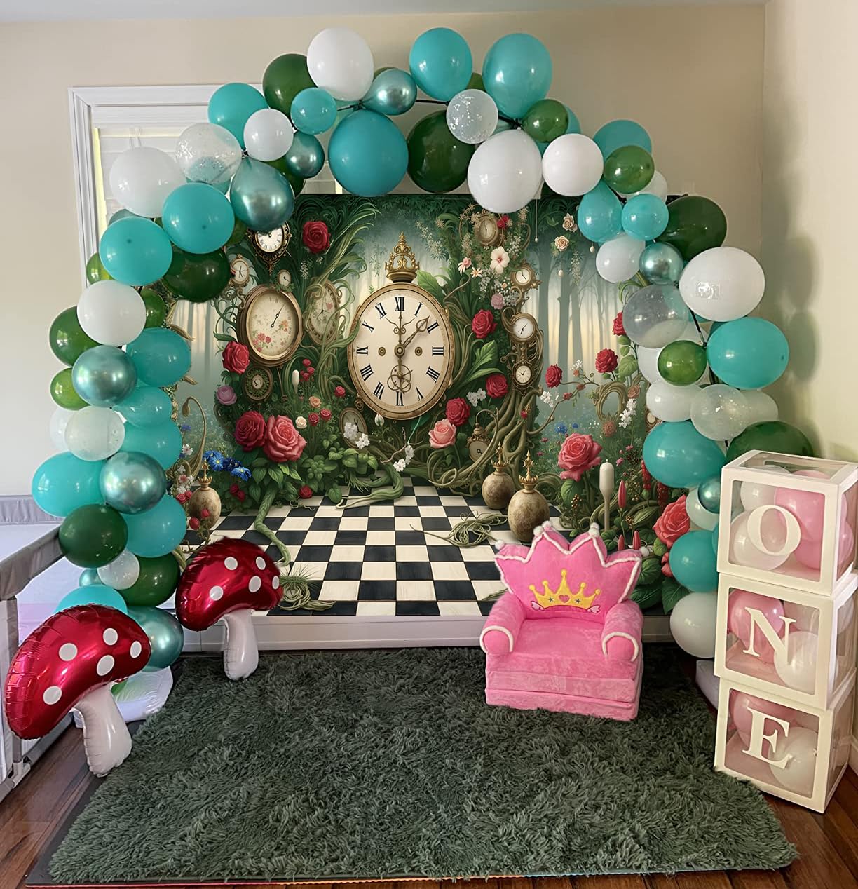 Halloween Wonderland Backdrop Tea Party Enchanted Garden Floral Green Grass Fairy Clock Checkerboard Photography Background Baby Shower Newborn Kids Birthday Party Banner Photo Props 7x5FT