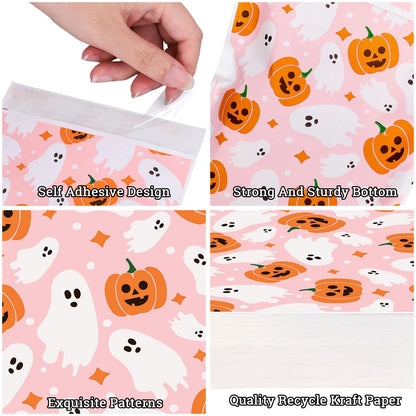 Whaline 100Pcs Halloween Treat Bags Self Adhesive Pink-Orange Ghost Pumpkin Candy Goodie Bag Cute Buffet Favor Bag for Trick or Treat Birthday Party Supplies