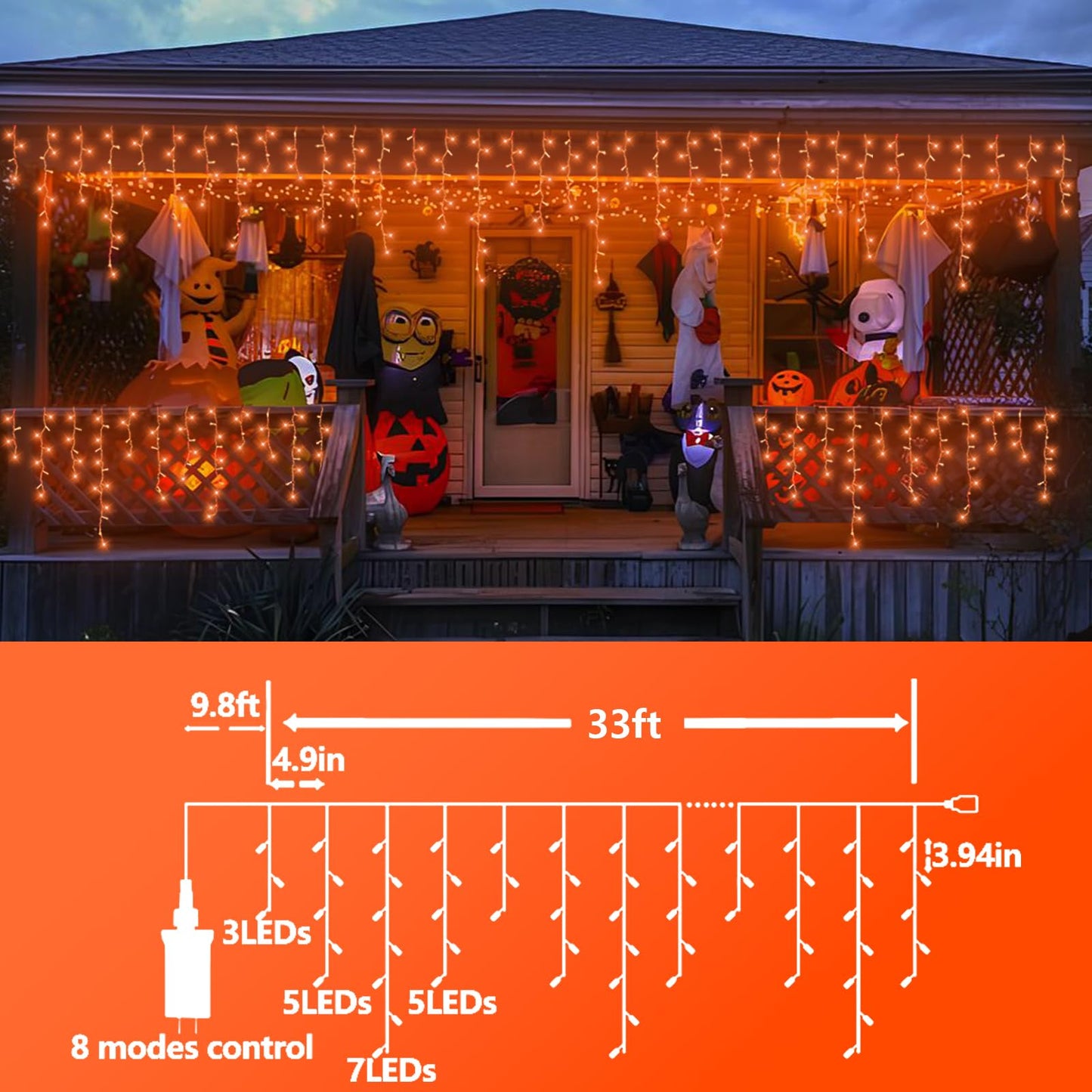 QITONG Orange Icicle Lights for Outside, 33ft 400 LED String Light with 8 Modes, Clear Wire Connectable Icicle Christmas Lights Indoor Plug in for Halloween Thanksgiving Fall Décor