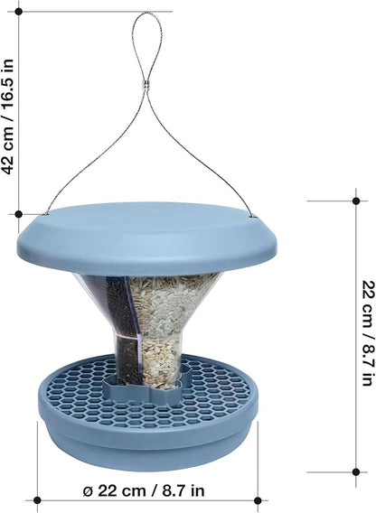 SWISSINNO Bird Feeders - No Mess Hanging Bird Feeder for Outdoors - Smart Birds Davos Spill Proof Wild Cardinal & Small Bird Feeder with Integrated Seed Catcher Tray - Dual Chamber - Light Blue