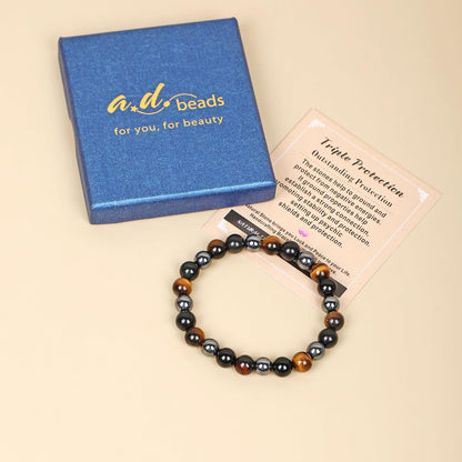 AD Beads Handmade Gemstone Stretch Elastic Bracelet Crystal Healing Reiki Nature's Beauty and Spiritual Essence Unisex (10mm, Triple Protection (Strong Protect))