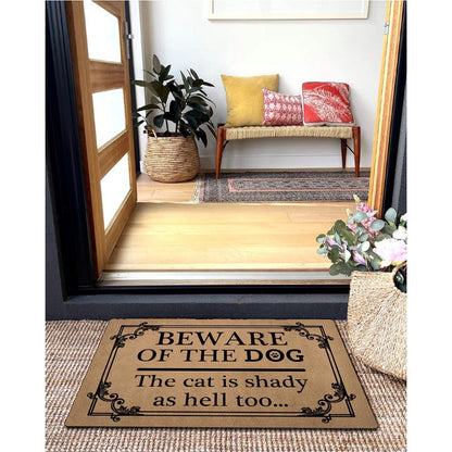 Funny Welcome Mat 30"(L) x 18"(W) Doormat for Entrance Way Indoor Mats No Slip Kitchen Rugs and Mats (Beware of the Dog The Cat Is Shady As Hell Too Funny Welcome Door Rugs Novelty Door Mat)