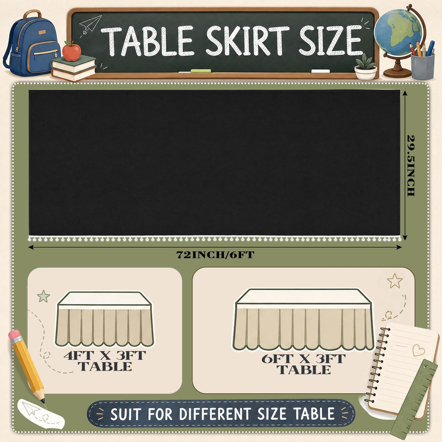 Tudomro Teacher Table Skirt Ruffled Teacher Desk Tablecloth 72" x 30" Ruffle Desk Skirt for School Classroom Office Rectangle Round Table Cover Dessert Decor(Tassel,6ft,Black)