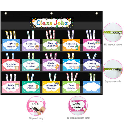 REGELETO Class Jobs Pocket Chart with 70 Colorful Dry Erase Cards and 3 Hooks,Class Management Educational Pocket Chart Teacher's Helper Size: 24.5”x21.8”inch Bulletin Board for Classroom (Black)