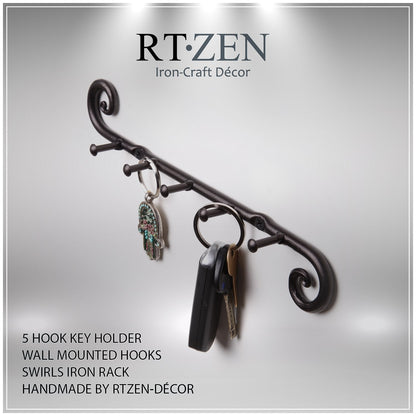 RTZEN Farmhouse Small Key Holder for Wall - Handcrafted Swirl Decorative 5 Key Hooks for Home Entryway - Wrought Iron Wall Mount Rack Purse Coat and Leash Holder or Organizer (Classic Black)