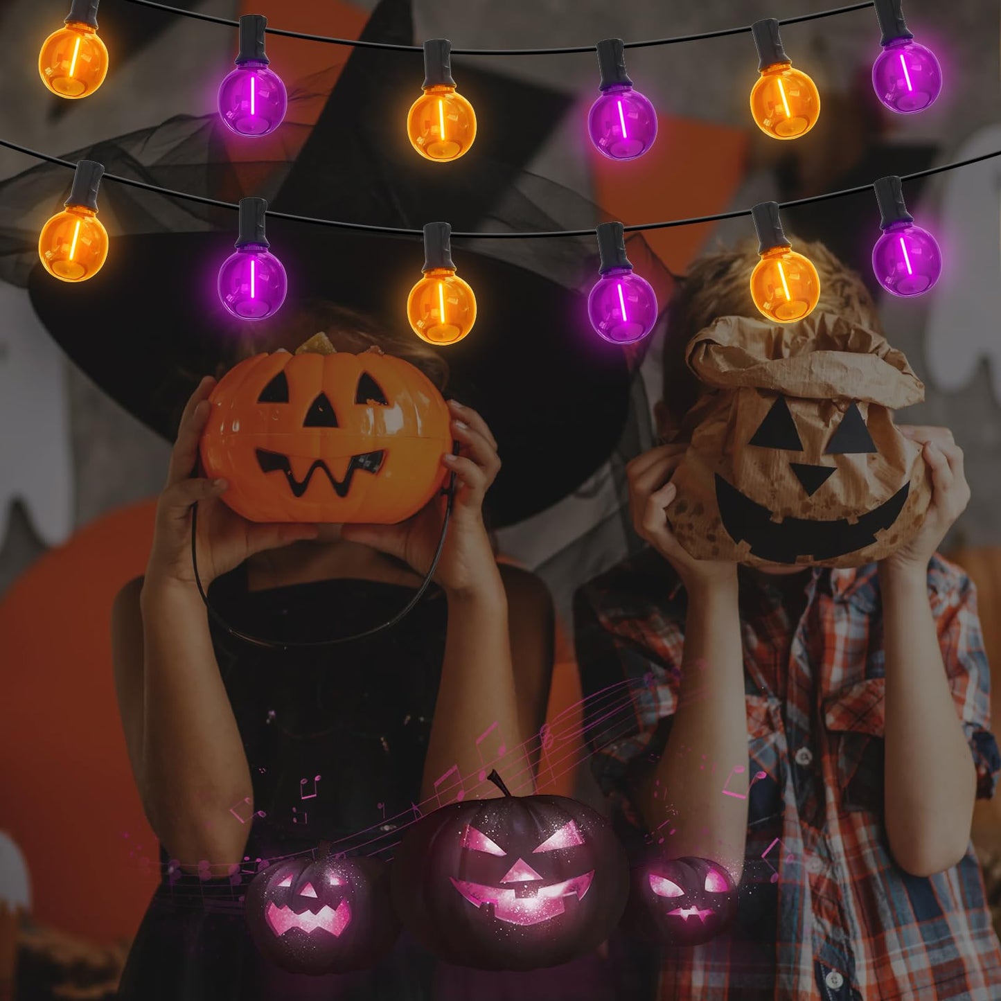Romasaty Purple and Orange Halloween Lights, 25FT 27 Count Halloween G40 LED String Lights, Indoor Decoration Lights for Outdoor Patio Home Party Garden Yard-Black Wire