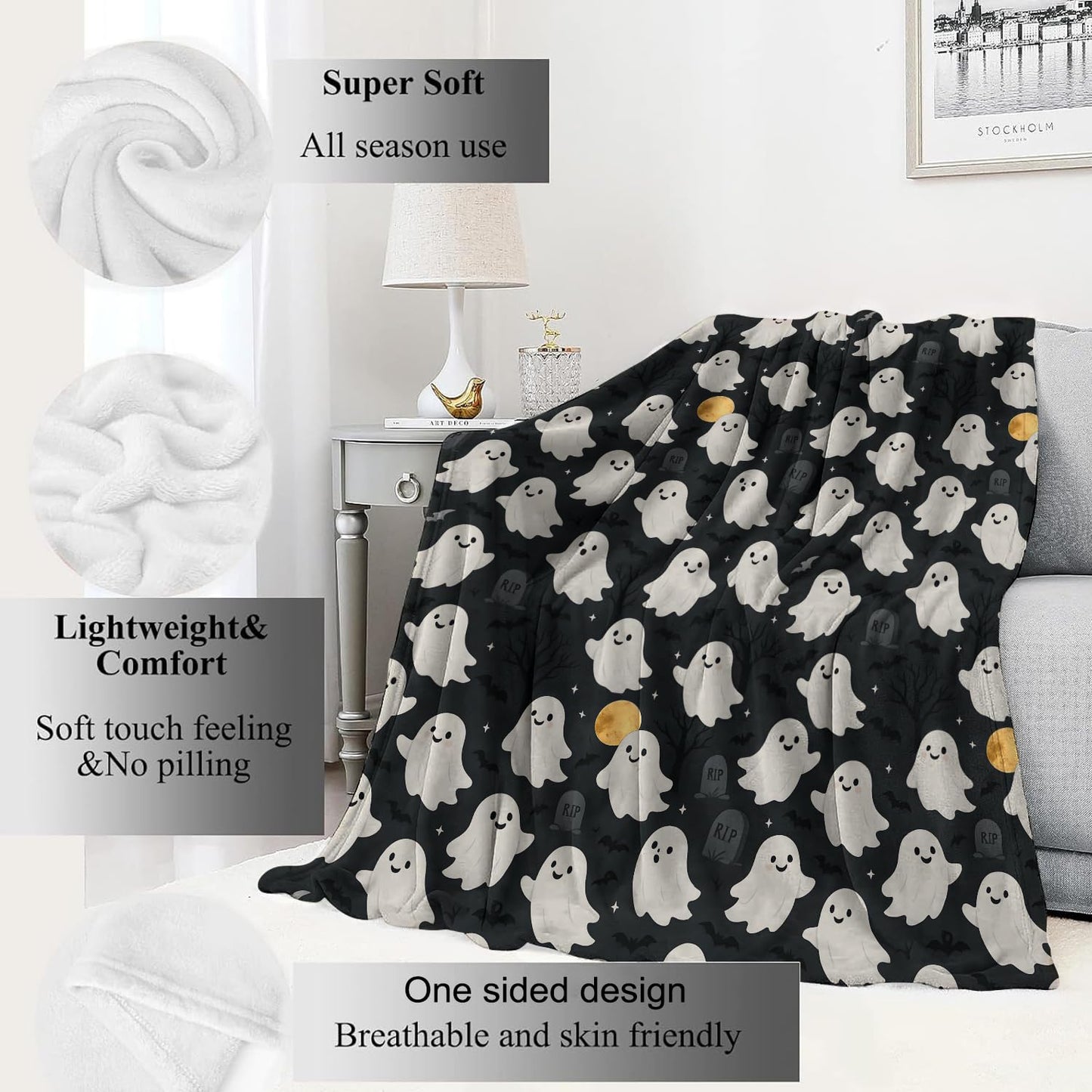 VODRM Cute Ghost Blanket Halloween Fall Holiday Decor Gothic White Spirit Witch Throw Gifts for Kids Lightweight Soft Fleece Moon Bat Witchy Blankets for Horror Spooky Goth Decoration 50x60in
