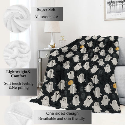 VODRM Cute Ghost Blanket Halloween Fall Holiday Decor Gothic White Spirit Witch Throw Gifts for Kids Lightweight Soft Fleece Moon Bat Witchy Blankets for Horror Spooky Goth Decoration 50x60in