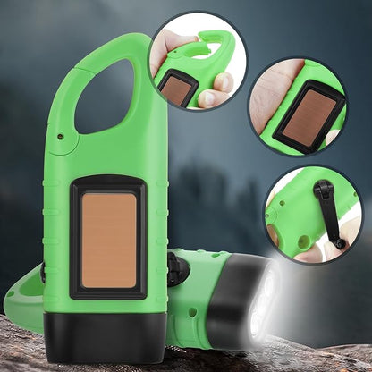 Simpeak 2-Pack Hand Crank Solar Powered LED Flashlight, Emergency Survival Flashlight with Dynamo Carbiner, Light Green