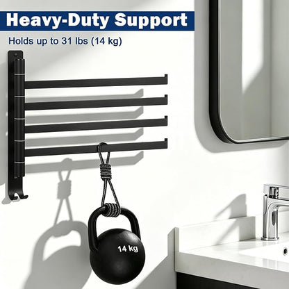 NearMoon Swivel Towel Rack, 13.8" Thicken 304 Stainless Steel 4-Arm Towel Bar, Space Saving Wall Mounted Towel Holder with Hook, Rustproof Swing Out Towel Hanger for Bathroom, Square (Matte Black)