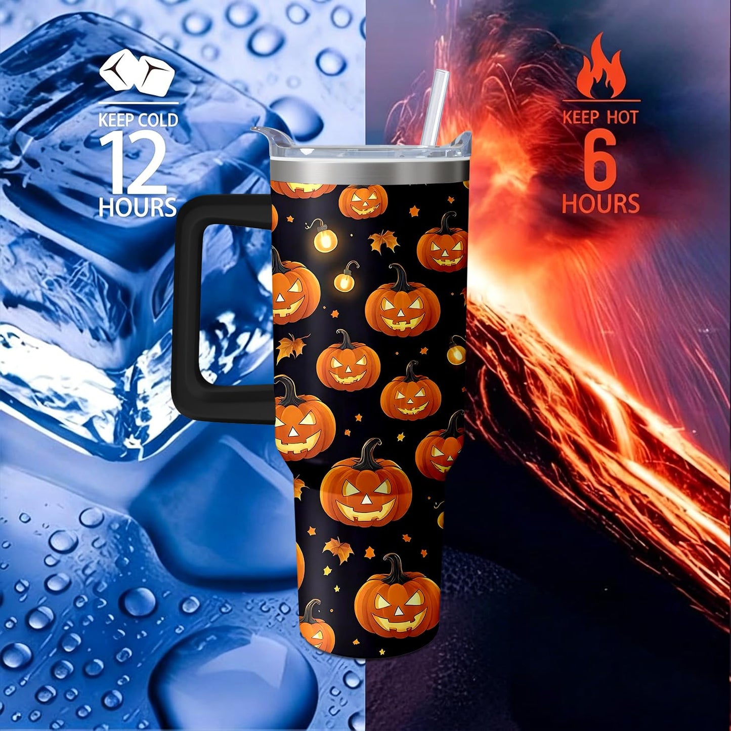40oz Halloween Pumpkin Gift Fall Tumbler with Handle and straw, Horror Scary Spooky Stainless Steel Insulated Cup, Coffee Mug Water Bottle for Halloween