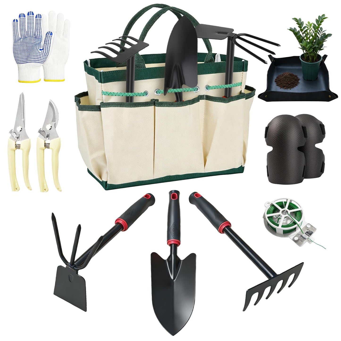 SHAOKAOLU 10 Pcs Gardening Tool Set - Heavy Duty Garden Kit with Stainless Steel Pruning Shears, Trowel Garden Tool, Kneeling Pads, Repotting Mat - Garden Tote, Ideal Gardening Gifts for Women and Men
