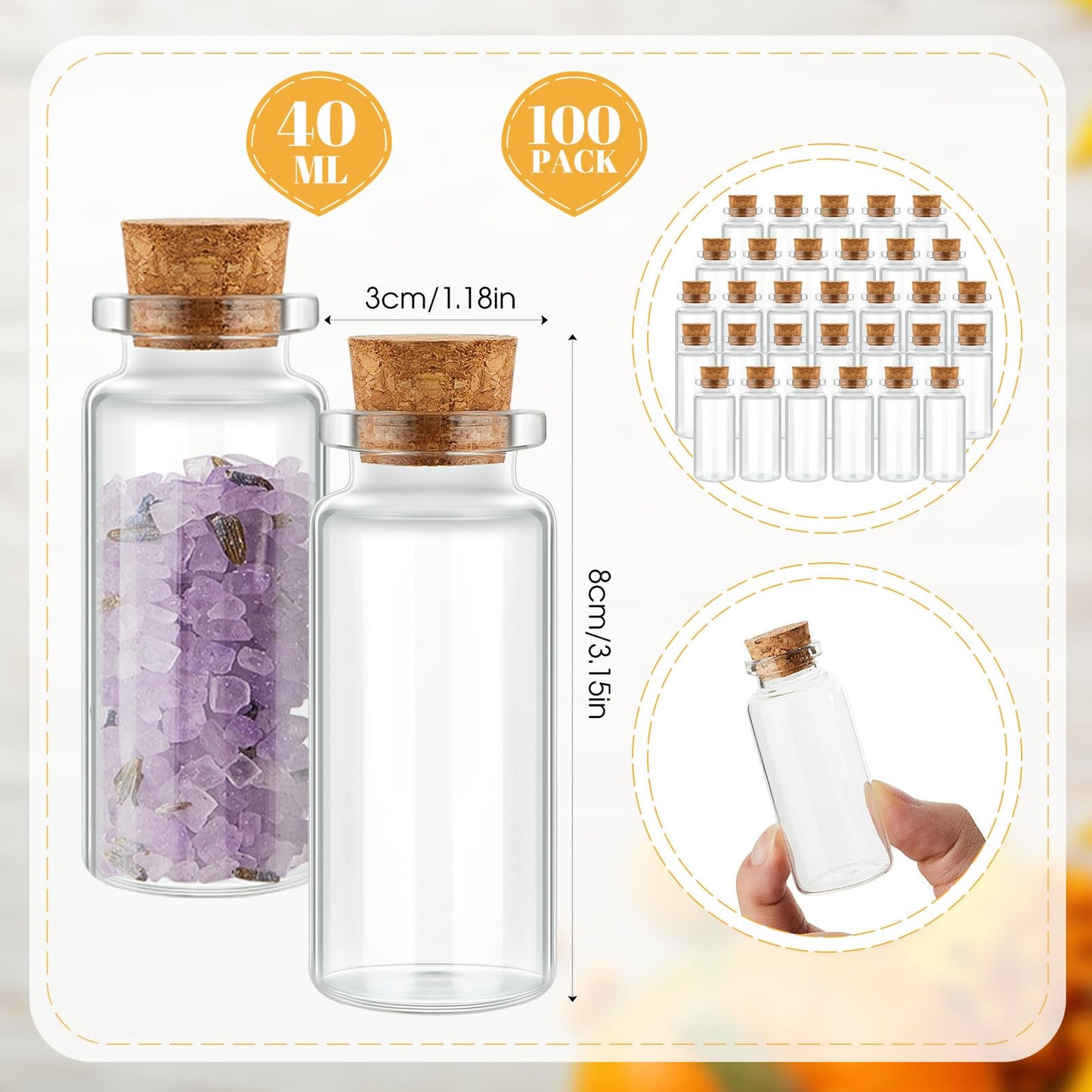 Gerrii 100 Pcs 40 ml Mini Glass Bottles with Wood Cork Stoppers, Mini Potion Glass Vials Small Clear Bottles Wishing Message Spell Tiny Jars Sand Art for Halloween Decoration Wedding DIY Favor