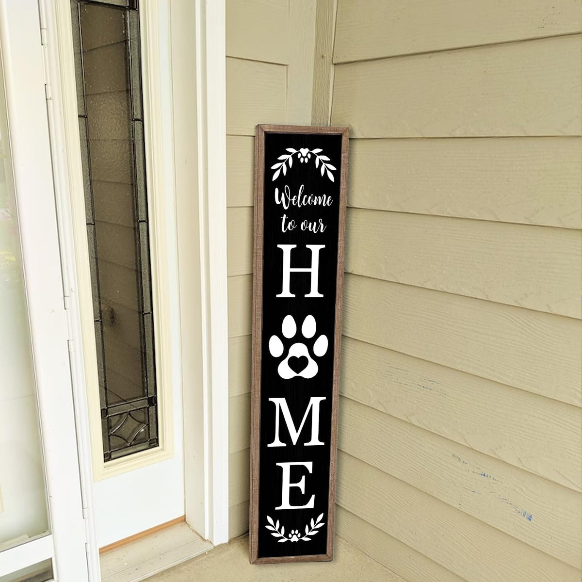 Welcome To Our Home Sign for Front Porch Standing 45X9 Farmhouse Outdoor Front Door Dog Paw Welcome Print Large Rustic Wooden Framed Long Outside Tall Vertical Hanging Decor (Wood Black)