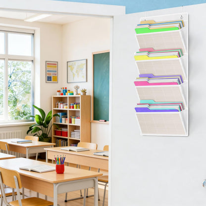 homyfort hanging wall file organizer, Over the door file folder organizer with 4 Large Bamboo Pockets, Suitable for Home, Office, Back to School Supplies Storage and Organization (White)