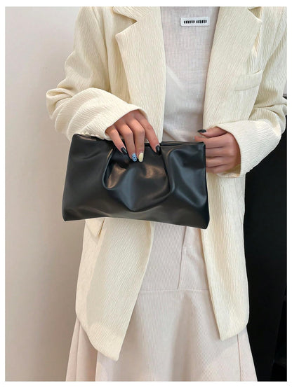 OYOANGLE Women's PU Leather Clutch Purses Small Zipper Ruched Minimalist Handbag Black One Size