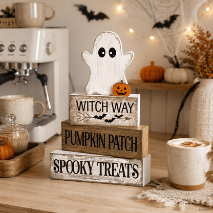 4 Pcs Halloween Table Decorations Wooden Ghost Tiered Tray Decor Farmhouse Rustic Block Signs Cute Pumpkin Tabletop Centerpiece for Home Office Mantel Kitchen Shelf