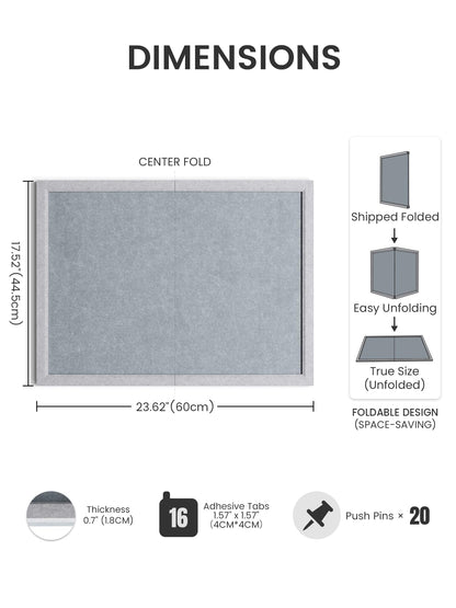 Fluxynara Foldable Cork Board Alternative, Felt Bulletin Board 23.6" x 17.5" Soft Gray Frame with 12 Adhesive Tabs, Pin Board for Home Office, Classroom, Entryway, Kitchen Wall Decor—Blue Gray