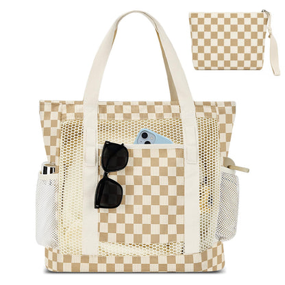 MIAOJIE Mesh Beach Tote Bags for Women Corduroy Tote Bag Sandproof Mesh Beach Bag With Zipper Pocket Pool Bag for Weekender Travel Cruise Swim -Khaki Plaid