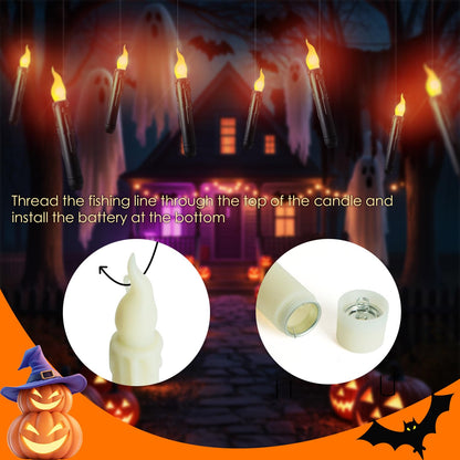 Floating Candles with Magic Wand Remote - 12 Pack Black Battery Operated Flickering Hanging Flameless LED Candle Lights,Realistic Taper Candles with String for Halloween,Christmas,Windows,Ceiling