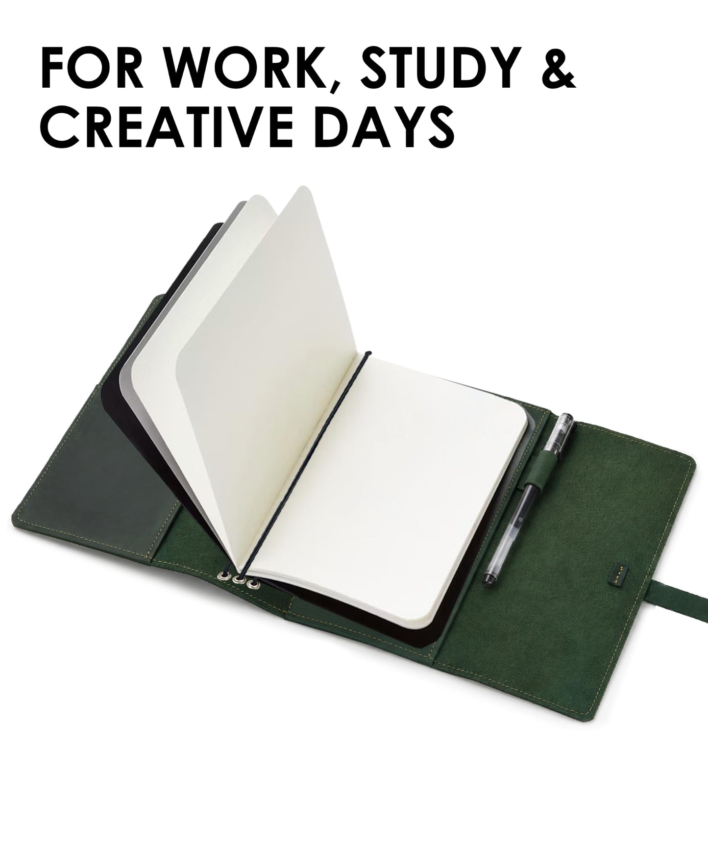 Leather Journal Cover – Refillable A5 Notebook Cover (5.8" x 8.3") with 3 Elastic Bands for Multiple Inserts, Genuine Leather Travel Diary Case with Pockets & Pen Holder Green (Inserts Not Included)