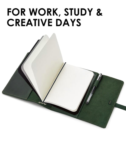 Leather Journal Cover – Refillable A5 Notebook Cover (5.8" x 8.3") with 3 Elastic Bands for Multiple Inserts, Genuine Leather Travel Diary Case with Pockets & Pen Holder Green (Inserts Not Included)