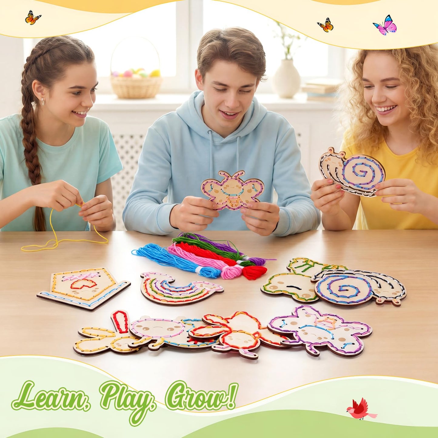 Capoda 18 Pcs Kids Lacing Cards Spring Educational Threading Toy for Kid Wooden Lacing Card Toys with Colorful Threads for Toddler Develop Imagination Early Education Learning Activity(Spring)