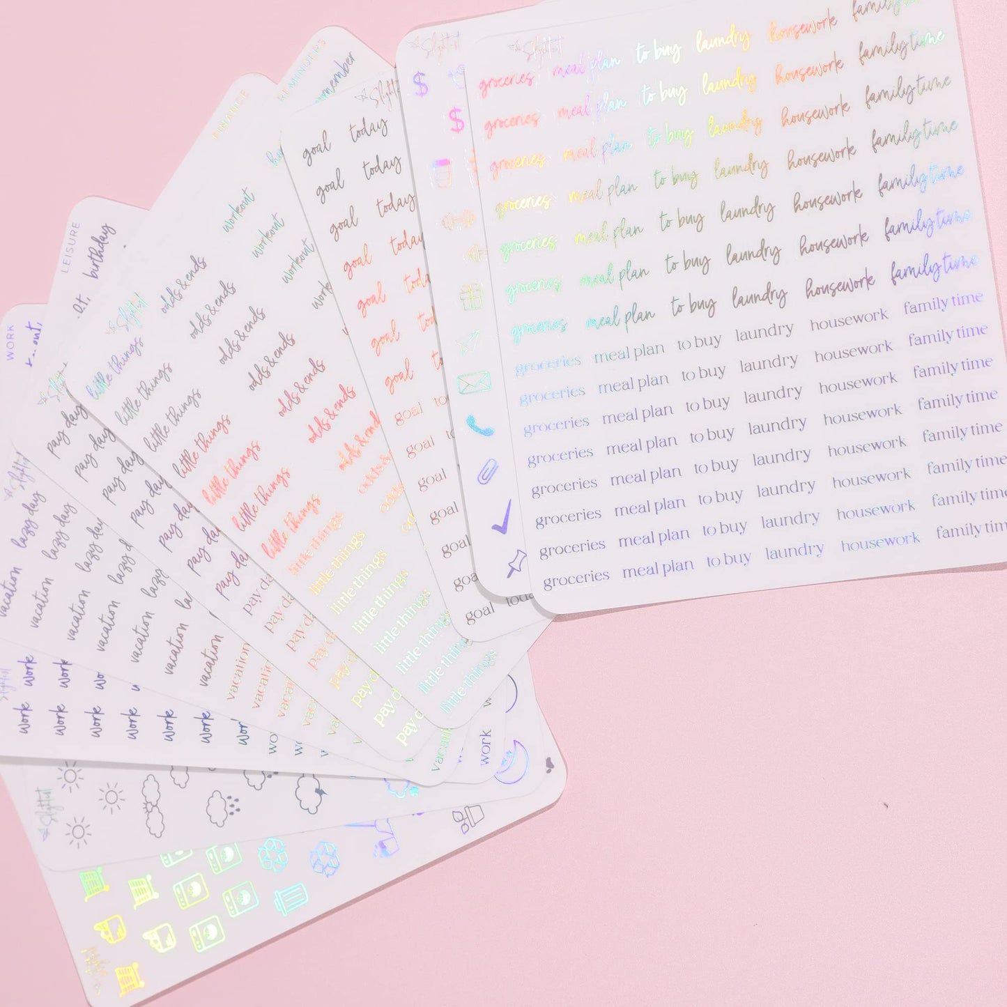 In The Slightest - Clear Holographic Foil Planner Stickers, Productivity, Functional, Icons, Words, Over 600 Stickers, Organzie, Aesthetic, Folder Included, Minimal, Rainbow Shift - Holographic