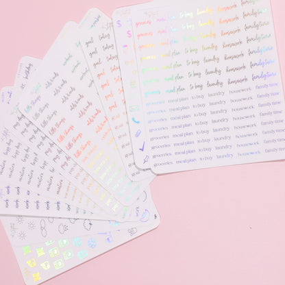 In The Slightest - Clear Holographic Foil Planner Stickers, Productivity, Functional, Icons, Words, Over 600 Stickers, Organzie, Aesthetic, Folder Included, Minimal, Rainbow Shift - Holographic