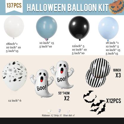Spooky Halloween Balloon Garland Arch Kit | Black Blue White Balloons with 3D Bat Ghost Foil Balloons Perfect for boo Party Decorations