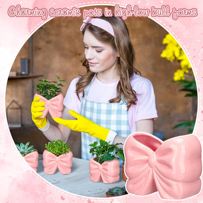 2 Pcs Coquette Bow Succulent Pots with Drainage Pink Bowtie Ceramic Planter Pots Plants Holder Bowtie Shaped Cactus Flower Container for Home and Office Desk Display Coquette Party Decoration