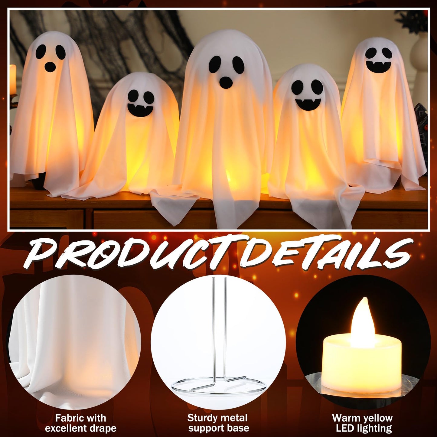 WinnerWhy Set of 5 Halloween Ghost Decoration 14" 11" 9" Ghosts Table Centerpieces with LED Candles with Metal Stand Spooky Halloween Tabletop Crafts for Party Indoor Home Room Kitchen Office, 3 Sizes