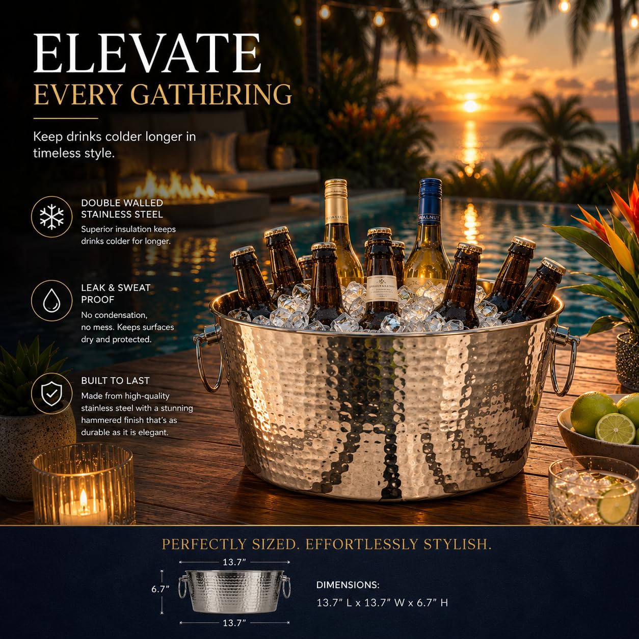 BREKX Hammered Stainless-Steel Beverage Tub, Double-Walled Insulated Anchored Drink Tub & Ice Bucket with Double Hinged Handles, Drink Chiller for Parties, 12 Quarts