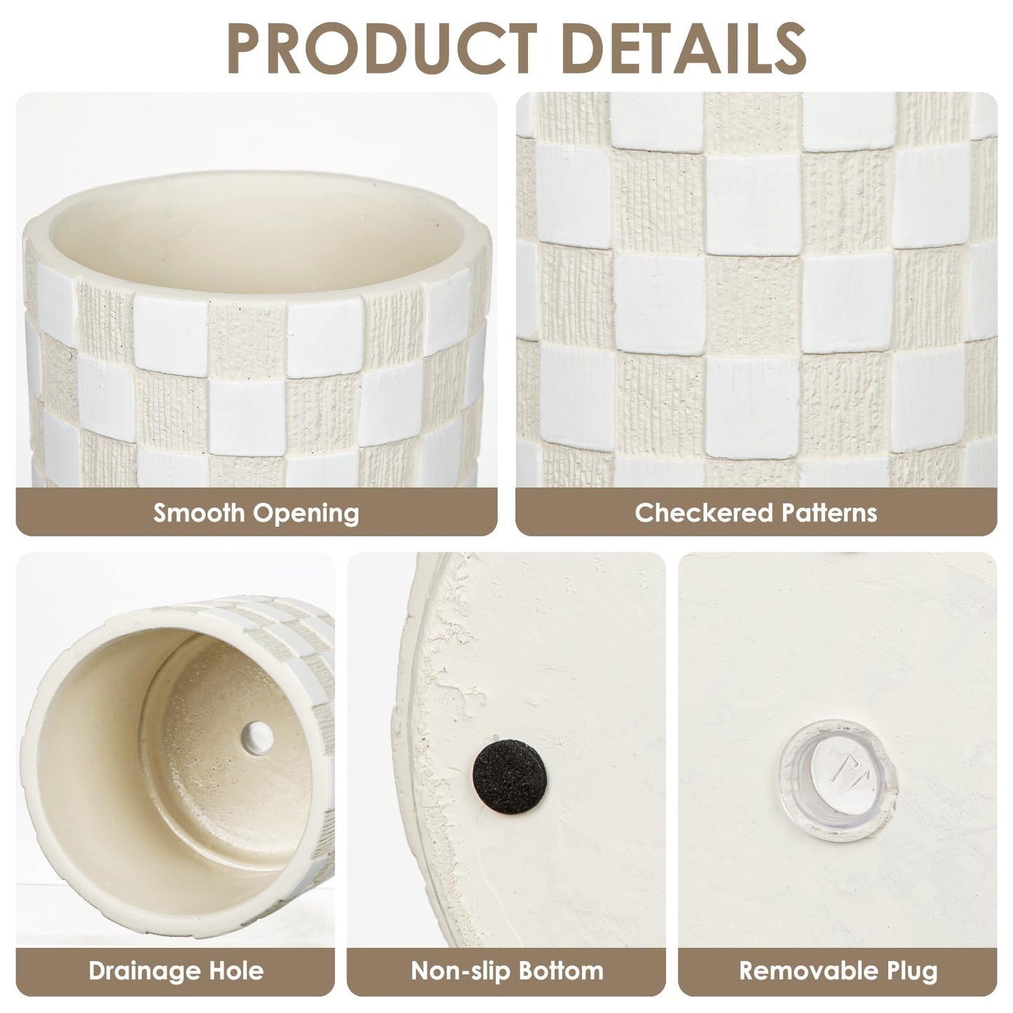 Nature Crafted 5.5 inch Ceramic Plant Pots with Drainage Hole & Silicone Plug, Checker Ceramic Round Planter Flower Planter for Indoor Outdoor Plants Home Gardening Desktop Windowsill, White