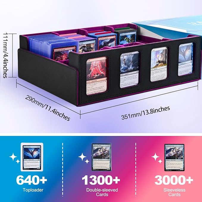 UAONO Trading Card Storage Box with Commander Display; 2400+ Deck Box for MTG with Removable Cover; Top Loaders Card Case fits Magic TCG PTCG Sports Cards; 24 Dividers, 4 Stoppers (Black, Purple)