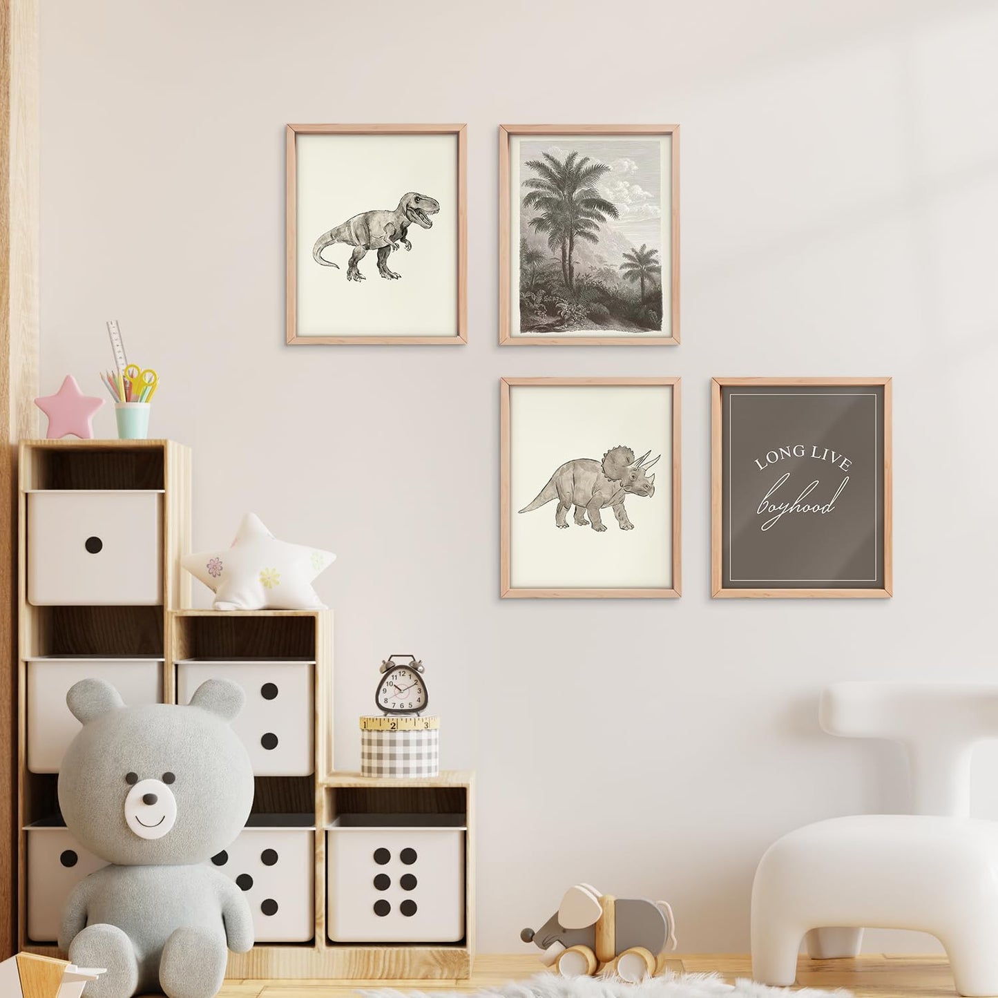 VONTP Retro Dinosaur Wall Art Decor, Long Live Boyhood, Dinosaur Nursery Decor for Boys Bedroom Living Room Dorm Toddler Decorations Teen Boy Kid Wall Decor, 8x10 Inch Set of 4 (Unframed)