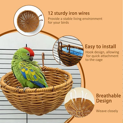 Rattan Bird Nest for Cage，2PCS Hanging Parrot Breeding Nesting House Washable Soft Warm Sleep Hut Bird Cage Accessories for Cockatiels Budgerigars Finches Canaries