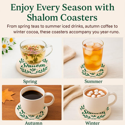 Shalom Coasters Set of 4 Ceramic Drink Coasters with Olive Branch Peace Design Absorbent Stone Coasters with Cork Base Christian & Jewish Gifts Religious Table Decor for Home Holidays