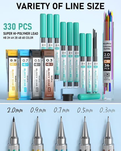 Nicpro Blocky Gear Metal Mechanical Pencil Set in Leather Case, 29PCS Art Drafting Pencils 0.3, 0.5, 0.7, 0.9&2mm Lead Pencil with 330PCS Lead (HB 2H 4H 2B 4B 6B Color) For Writing Sketching Drawing