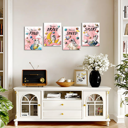 LoveHouse Space Wall Art Astronaut Kids Room Wall Decor Inspirational Quotes Canvas Prints Cosmic Painting for Nursery Classroom (Pink)
