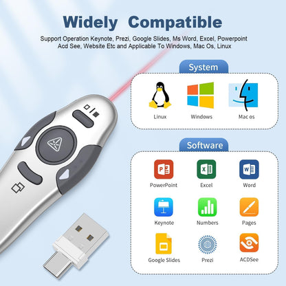 QUI Presentation Clicker Wireless Presenter Remote Clicker for PowerPoint Presentation Remote, PowerPoint Slide Advancer for Mac/Windows/Google Slide/Keynote, Silver, A-C