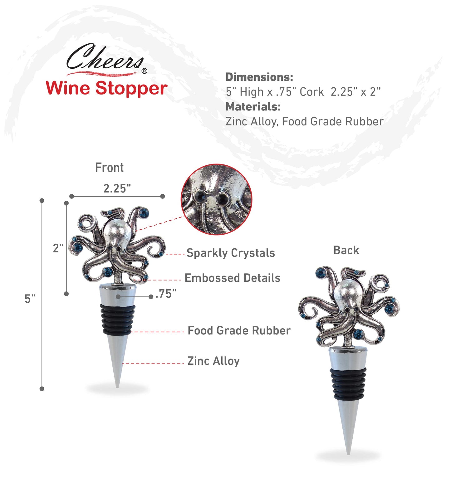 Cheers Octopus Metal Wine Stopper - Elegant Vacuum Seal Reusable Animal Ocean Life Wine Bottle Stopper Airtight Leak Proof Bottle Topper Cork Plug, Cute Home Decor & Bar Tool Accessory Unique Gift