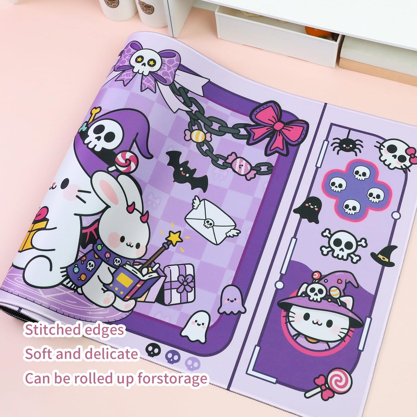 PERFECTSIGHT Cute Cat Desk Pad Kawaii Kitty Desk Mat, Large Gaming Mouse Pad, Funny Halloween Deskmat Mousepad, Anime Laptop Keyboard Pad Office Home Decor for Women Girls, Purple