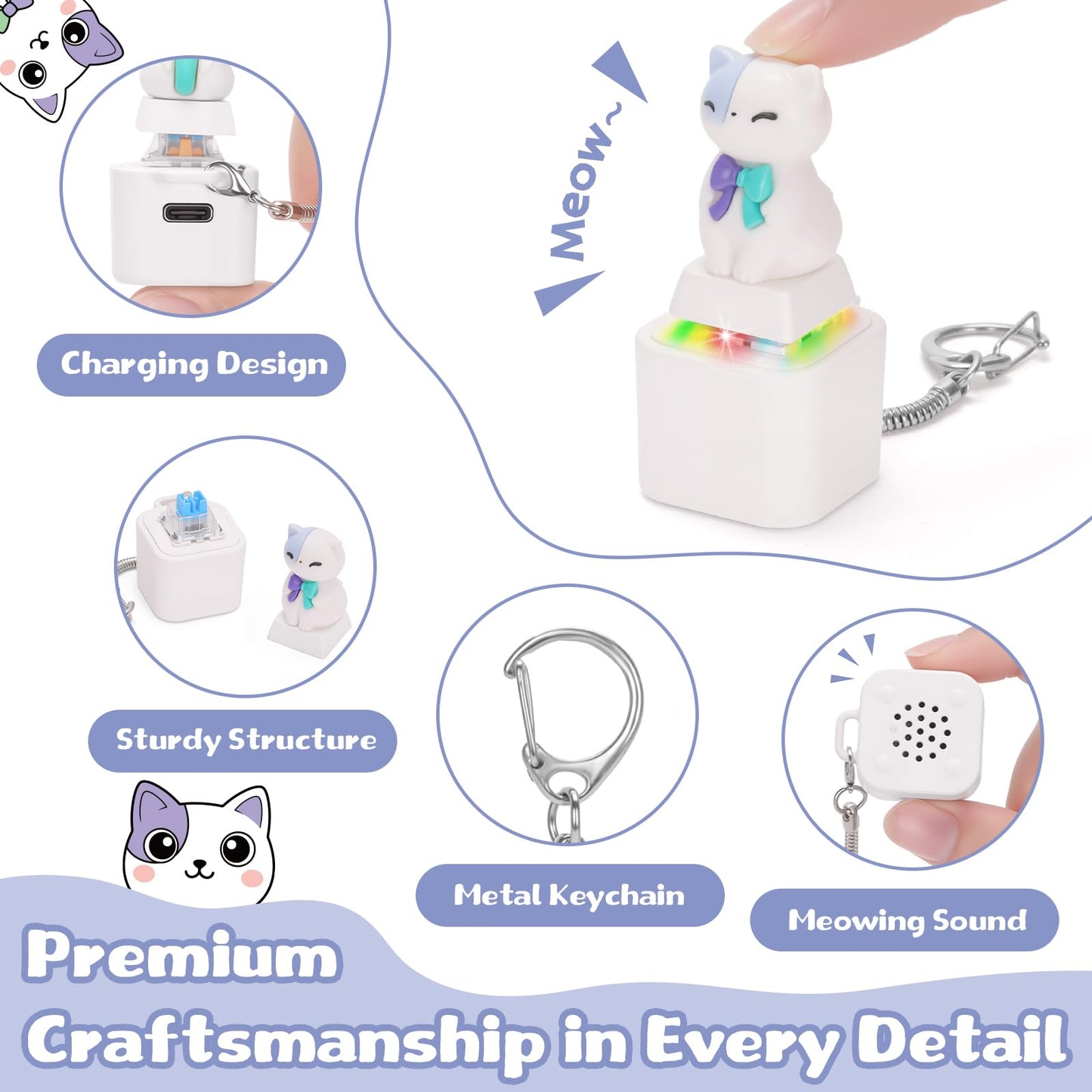 Netholid Quacking Duck Croaking Frog Meowing Cat Keyboard Fidget Toys for Adults Clicker Keychain with Sound LED Light and Charging Port for Autism Stress Relief Anxiety (Cat, 1)